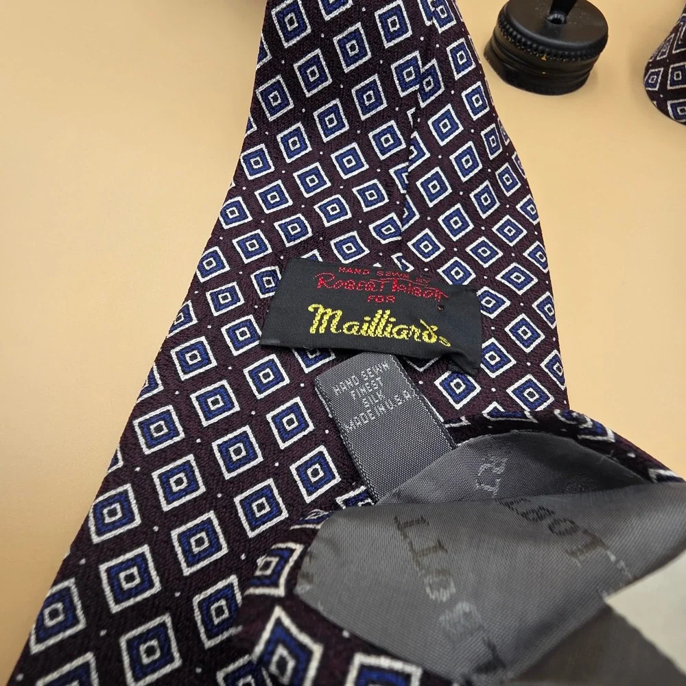 Robert Talbott for Mailliard's Silk Tie Geometric Square Pattern Burgundy Blue